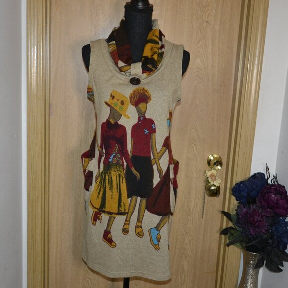 EYLEX Wool Blend Bold Colorful Artsy Print Sleeveless Pocket Tunic Top - Picture 1 of 8